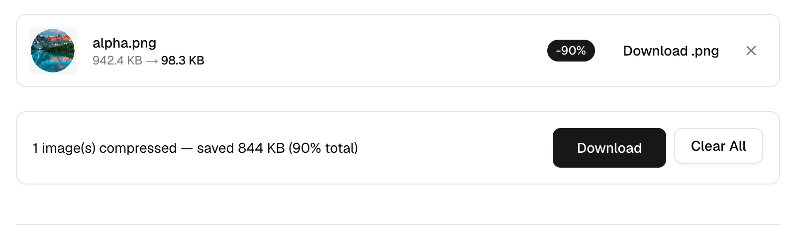 Compressor result card showing a transparent PNG going from 942.4 KB to 98.3 KB in palette mode