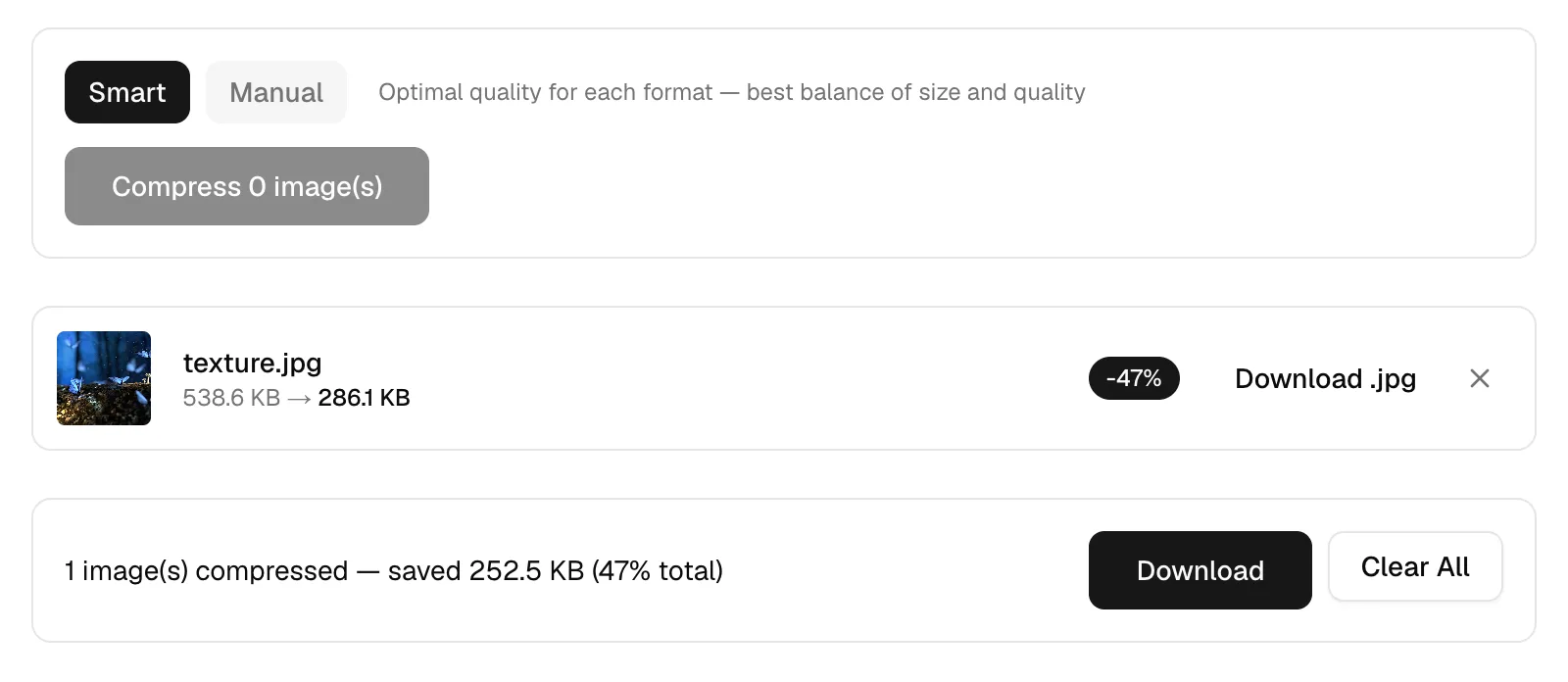 Compressor result panel showing a 538.6 KB JPEG reduced to 286.1 KB in smart mode