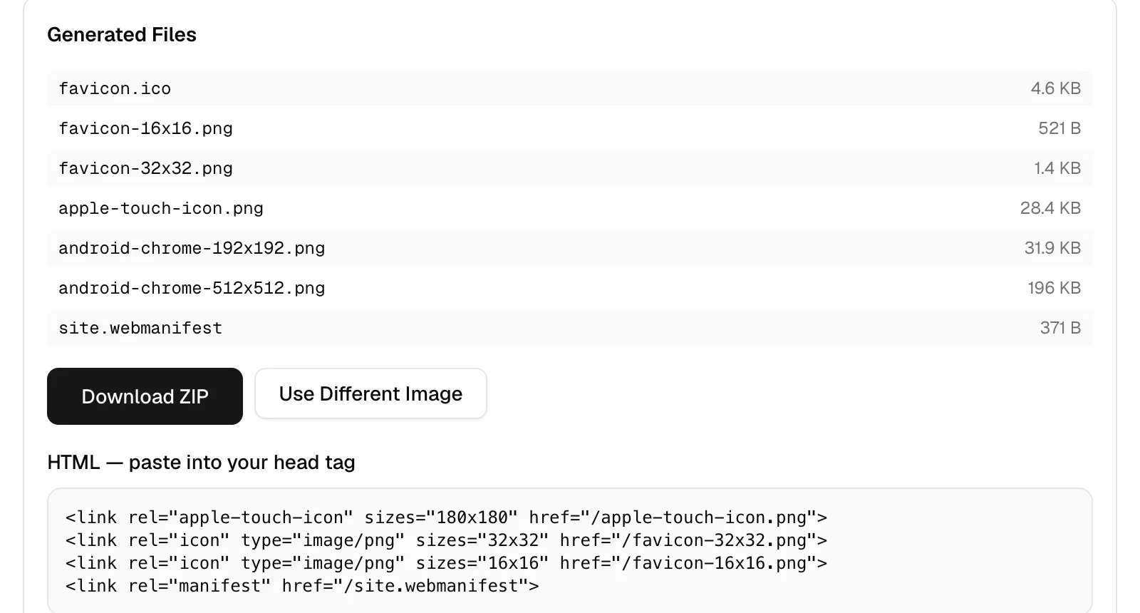 The seven files produced by the icon generator, listed with their sizes, next to the HTML link tags to paste into a page head