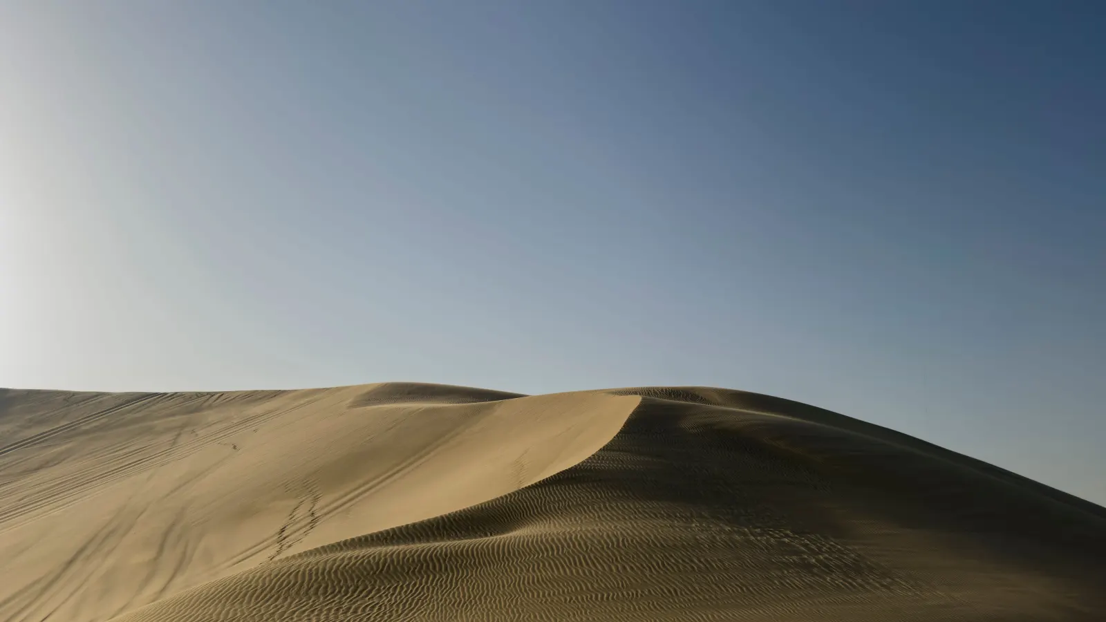 A smooth sand dune ridge with fine ripples on its shaded side under a clear blue sky