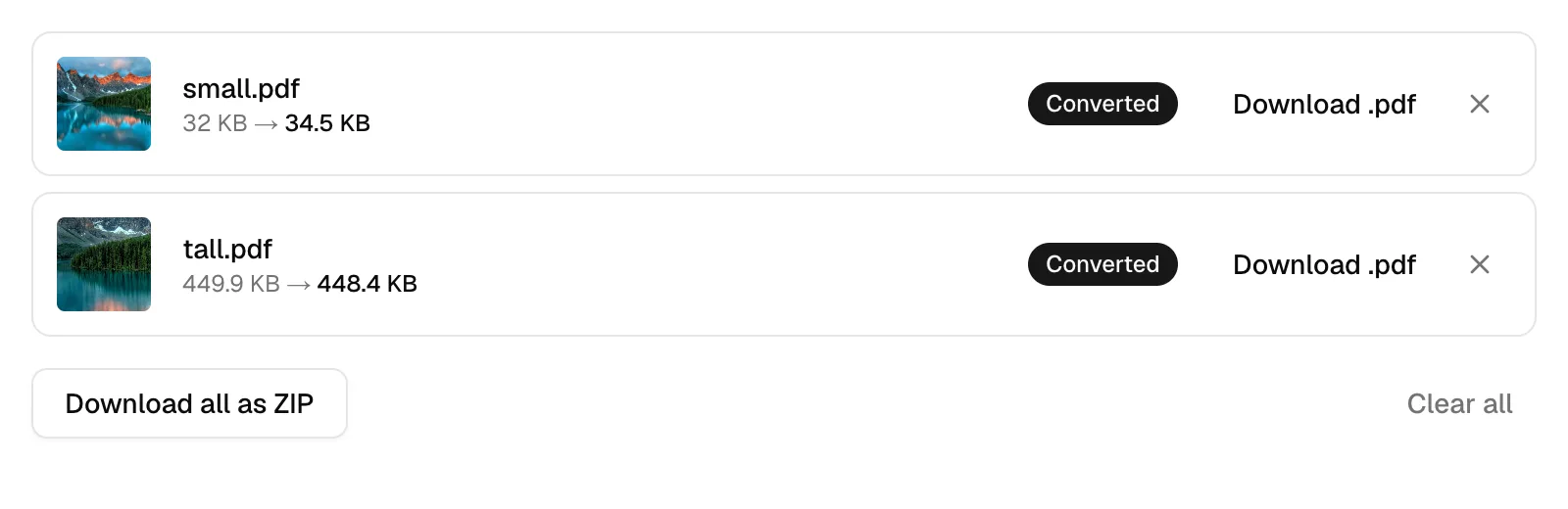 Two JPGs converted to two separate PDF files, small.pdf and tall.pdf, with a Download all as ZIP button