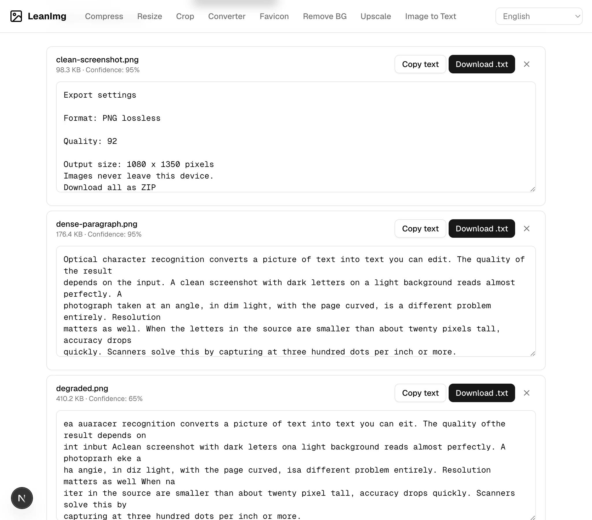 Three result cards in the image to text tool: clean-screenshot.png and dense-paragraph.png both at 95% confidence with clean text; degraded.png at 65% with garbled words
