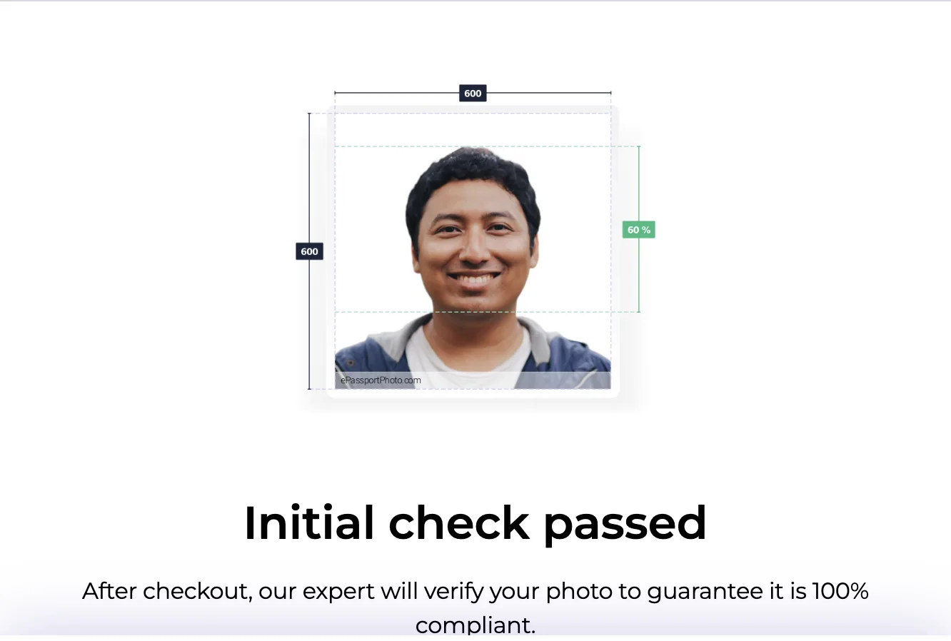 ePassportPhoto showing Initial check passed for a smiling man with teeth showing