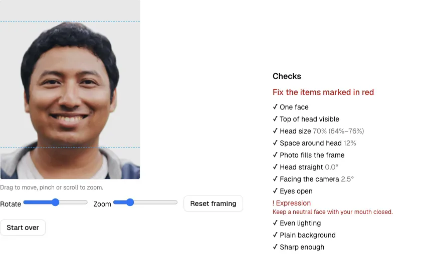 LeanImg passport photo checks for a smiling man with teeth showing on the UK printed photo spec, Expression flagged with Keep a neutral face with your mouth closed