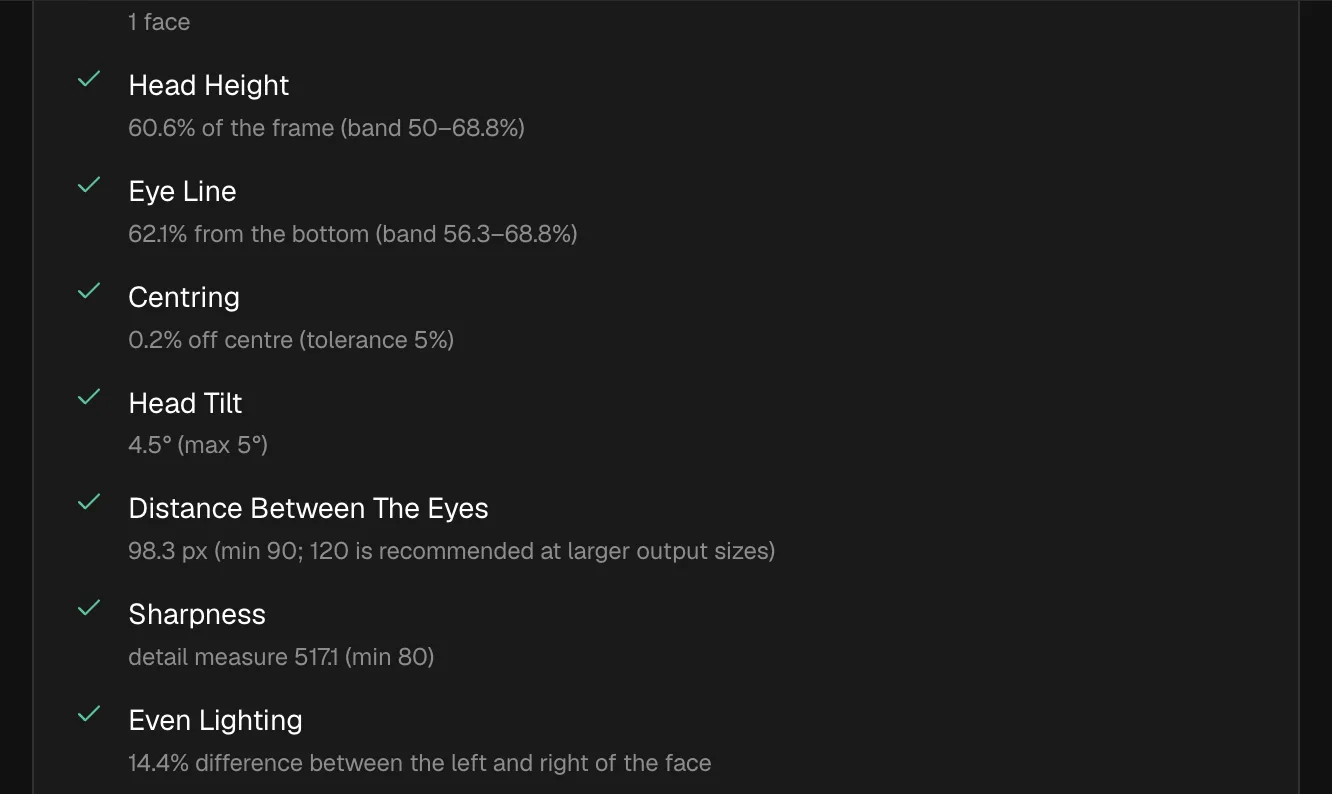 OpenPhotoId check list with measured head height, eye line and head tilt values for a woman's portrait