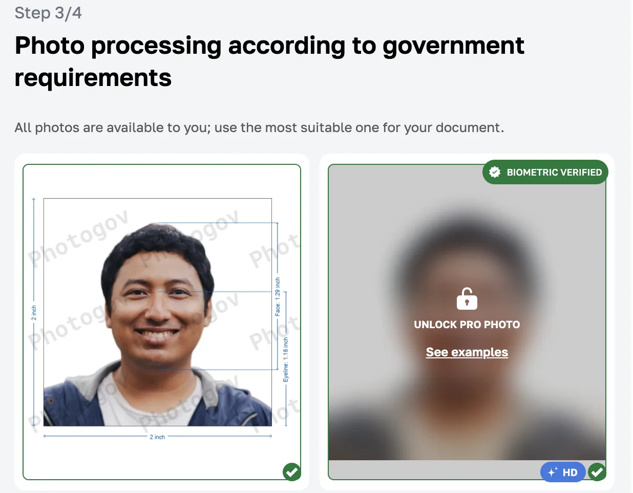 PhotoGov result for a smiling man with teeth showing: a green tick on the free crop and a Pro version marked Biometric verified