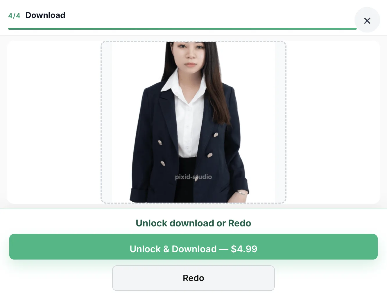 PixID download step for a photo taken from too far away, showing mostly a jacket with the top of the head cut off, offered for $4.99