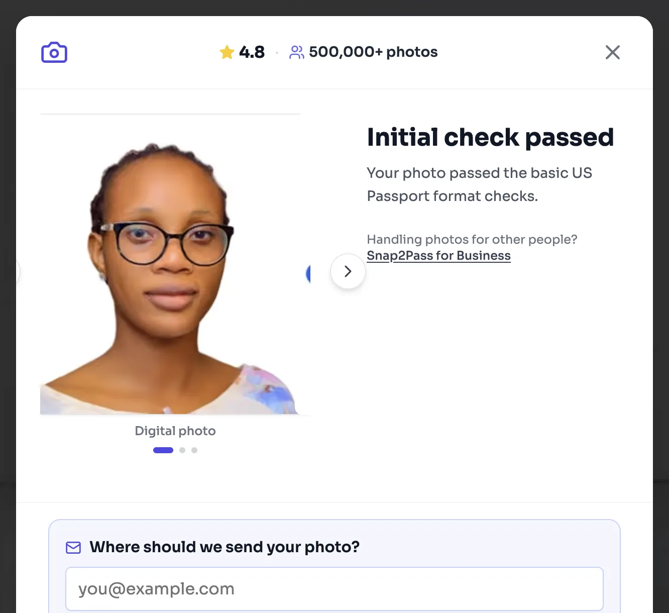 Snap2Pass showing Initial check passed for a woman wearing glasses