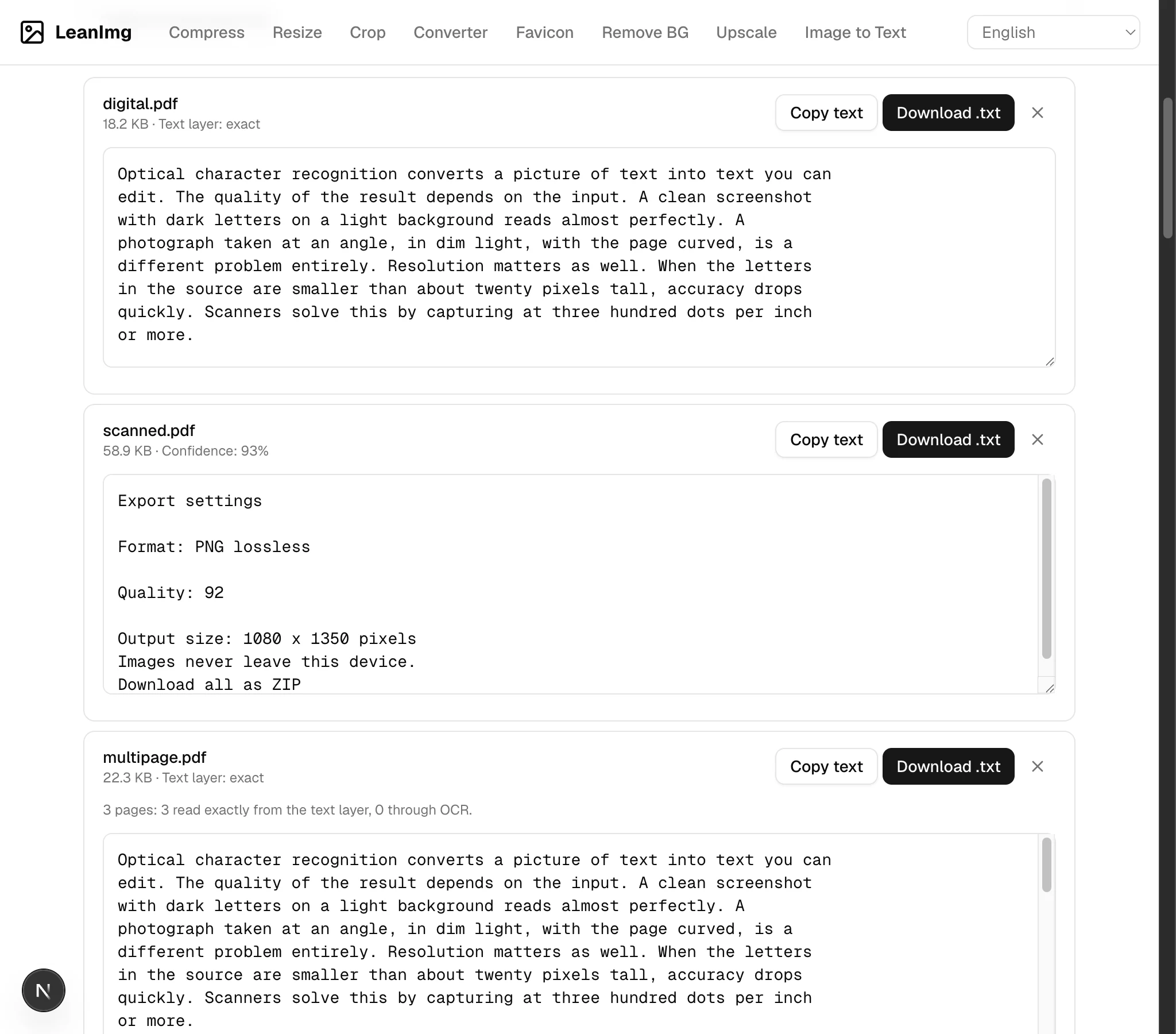 Trei carduri de rezultate PDF: digital.pdf etichetat exact strat de text, scanned.pdf având un scor de încredere de 93% din trecerea sa OCR și multipage.pdf rezumând trei pagini citite din stratul de text.