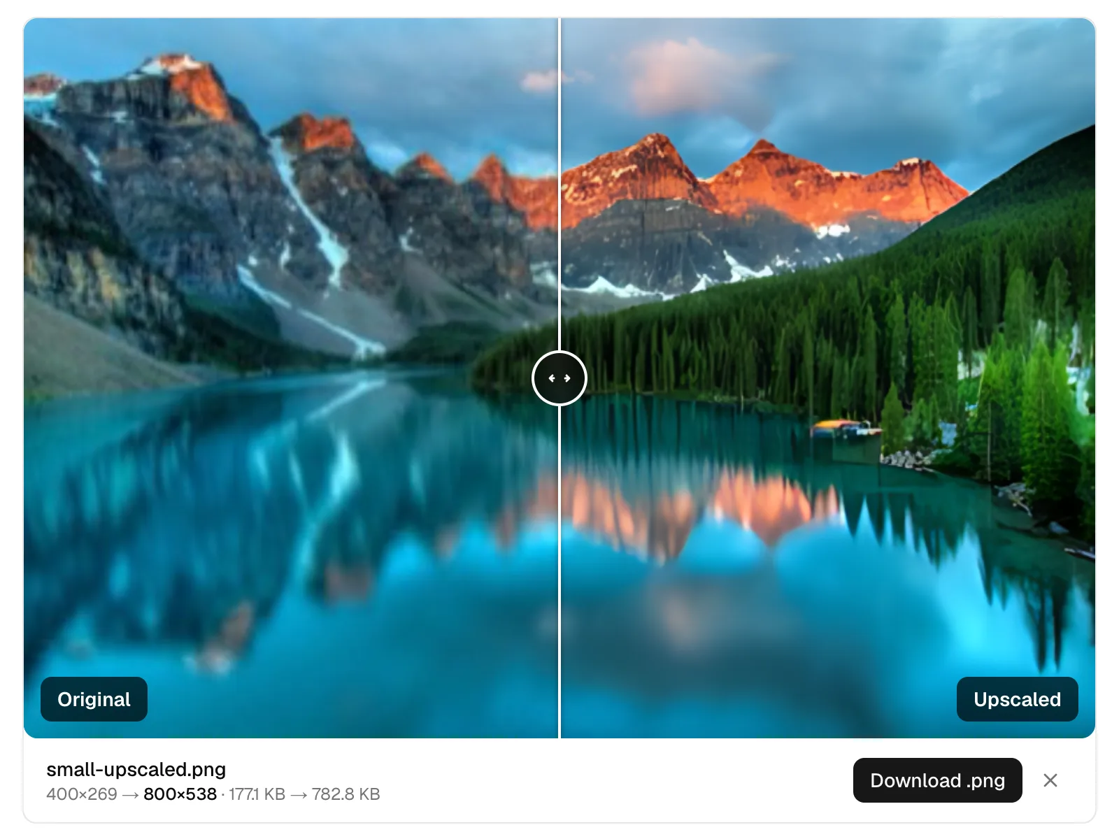 LeanImg upscaler comparing the original against a 2x result, 400x269 enlarged to 800x538